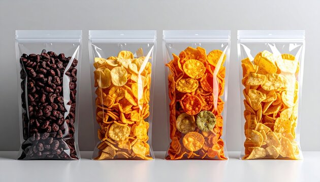 Four plastic snack pouches filled with assorted packaged snacks