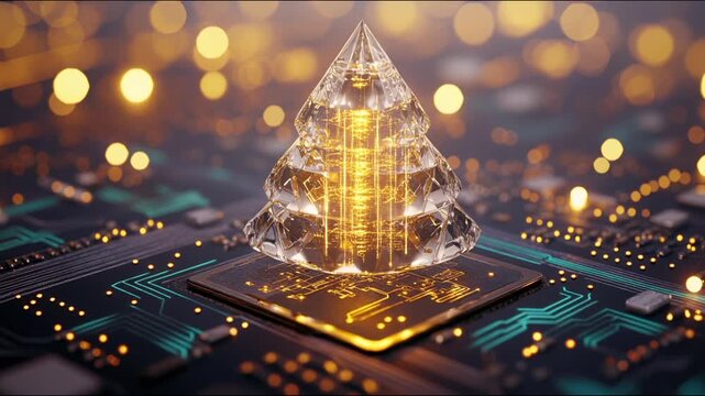 Futuristic Cyber Christmas Tree on Glowing Microchip Circuit Board