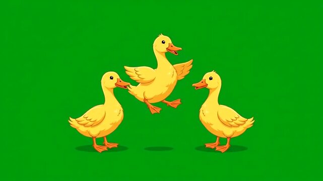 Cartoon yellow ducklings animation set on green screen background
