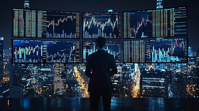 Man in Suit Watching Stock Market Trends on Large Digital Wall Display