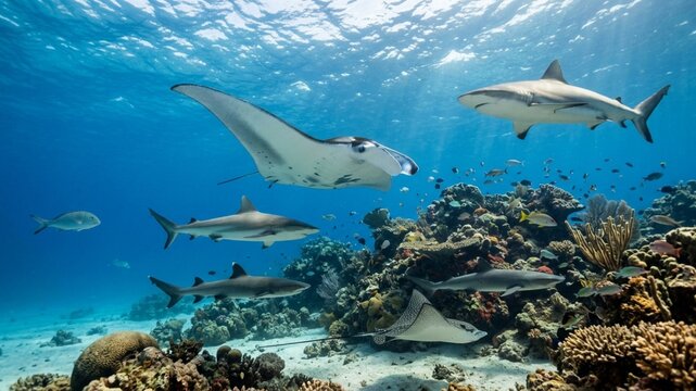 A serene underwater scene featuring a majestic manta ray gliding gracefully among a vibrant coral
