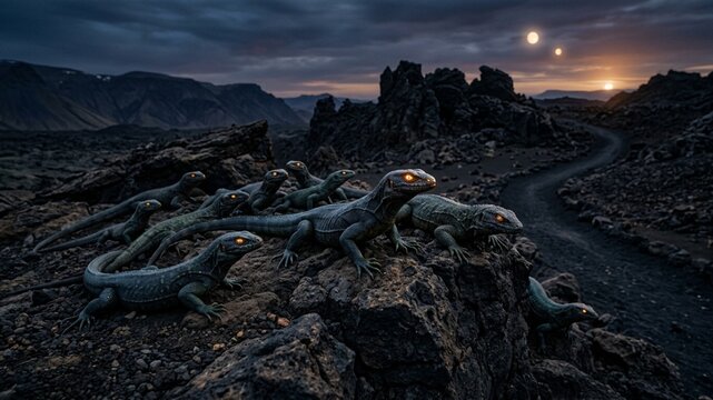 A group of vividly detailed lizards with glowing eyes basking on rocky terrain under a dramatic