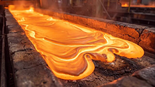 Incandescent molten metal slowly flows and spreads across a heat-resistant industrial surface. Extreme close-up captures intense heat, glowing texture and heavy liquid movement in metallurgy.