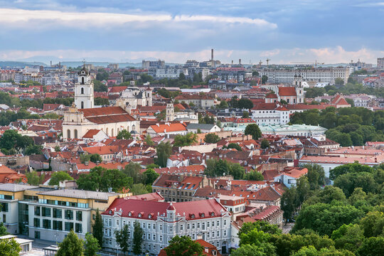 West view of Vilnius cityscape with Gediminas castle hill from Three Crosses in Lithuania. Stone architecture and cloudy sky