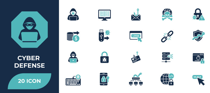 Cyber security defense flat icons collection for web safety internet protection network database security information guard and malware prevention.