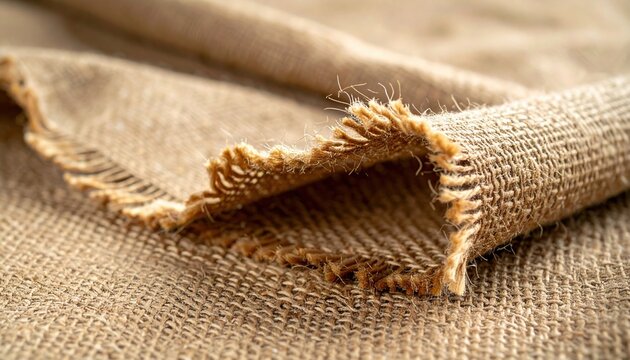 Natural burlap fabric piece with raw frayed edges and coarse woven texture