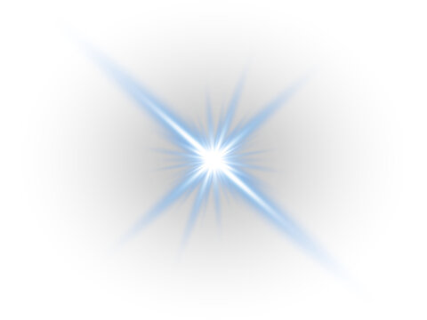 Blue lens flare radiant starburst with glowing sparkle star beams and bright optical sun light PNG overlay effect isolated on transparent background
