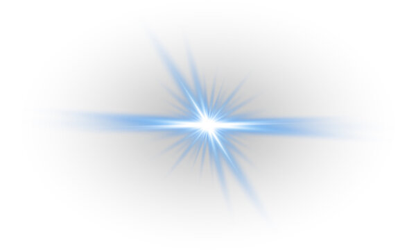 Blue lens flare radiant starburst with glowing sparkle star beams and bright optical sun light PNG overlay effect isolated on transparent horizontal background