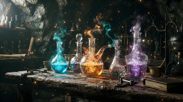 Colorful magic potions in glass bottles with glowing smoke on a dark wooden table in a laboratory