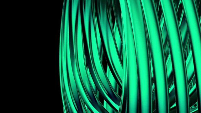 Abstract 3D render Rotating Emerald Green Wire Coil Seamless Loop Video, Close-Up Cybernetic Metallic Wave Motion Graphics, Glowing Ribbon Axis Spin &ndash; Side view macro of dense metallic green wires