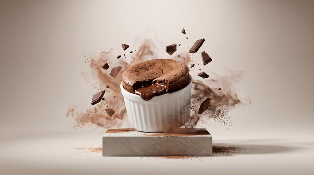 National chocolate souffle day creative concept with molten lava cake in white ramekin and cocoa powder dust
