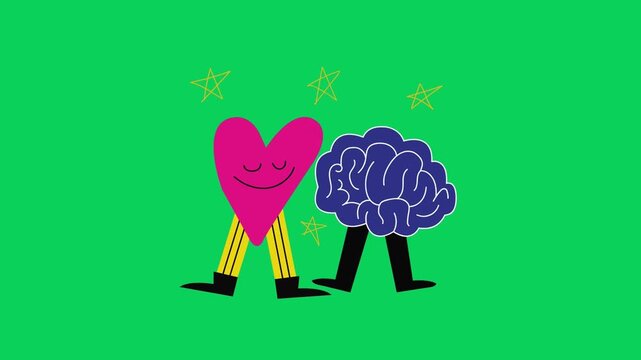 Heart and brain characters stand side by side on a vibrant green background