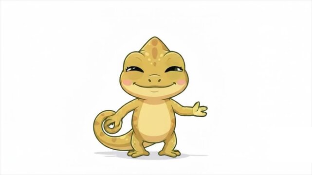 Cute 2D cartoon chameleon walking in and stopping animation, simple reptile character isolated on solid white background