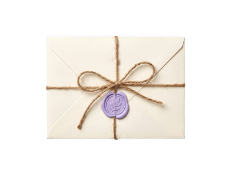 Vintage paper envelope tied with twine and purple wax seal as isolated on transparent background
