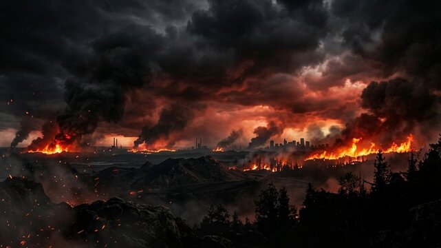 A dramatic and surreal landscape showcasing an apocalyptic scene with fiery skies, smoke billowing