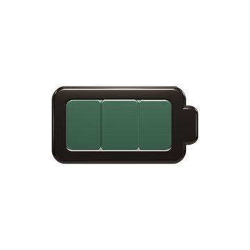Minimalist 3D glossy battery icon with three glowing green charge segments isolated on dark background, representing energy status, power management, mobile device tech symbol, modern UI design
