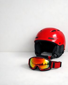 Red ski helmet and reflective goggles on a white background