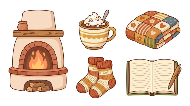 Cozy home lifestyle elements collection featuring fireplace cocoa blanket socks and notebook hot cocoa winter socks home warmth hot chocolate winter comfort