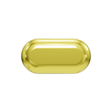 A shiny golden 3d icon png button on a pure black background, featuring a sleek oblong pill shape with realistic reflective highlights, smooth curved edges, and a polished metallic finish design.