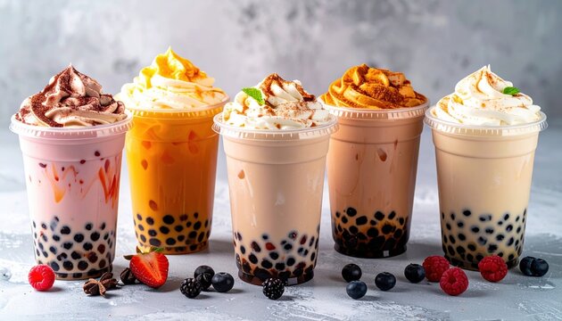 Assorted bubble milk tea flavors in plastic cups