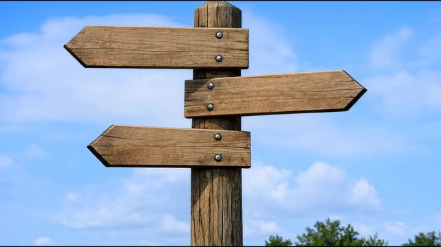 A wooden sign with multiple directions marked, perfect for illustrating a path or route
