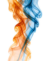 Obraz premium Abstract orange and blue smoke swirl flowing together against white background.