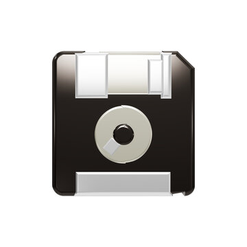 Minimalist 3D glossy black floppy disk icon isolated on dark background, retro data storage symbol for computing, vintage technology concept, digital media hardware, modern graphic design element
