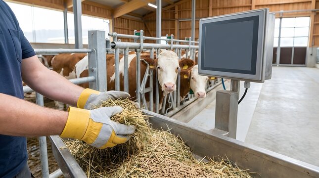 Feeding Cows in Modern Dairy Barn with Digital Monitor