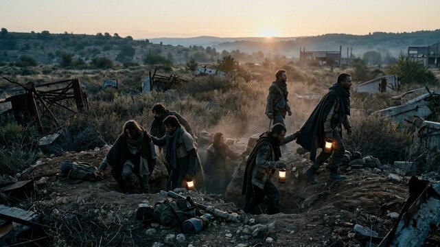 A group of shadowy figures traversing a rugged, desolate landscape at dawn, carrying lanterns that