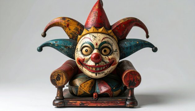 Vintage wooden jack-in-the-box antique jester toy