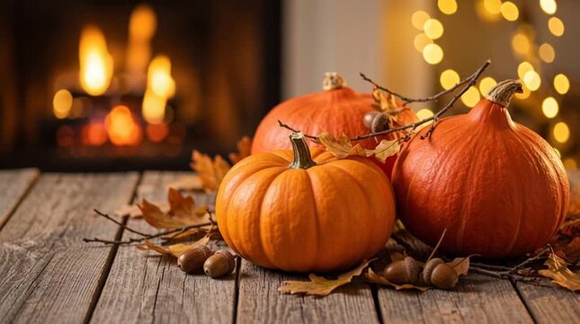 Close-up of three orange pumpkins with autumn leaves, acorns and branches on a rustic wooden table, with a glowing fireplace and warm golden bokeh lights in the background