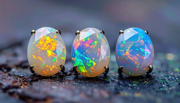 Three precious faceted opals with colorful iridescent surfaces