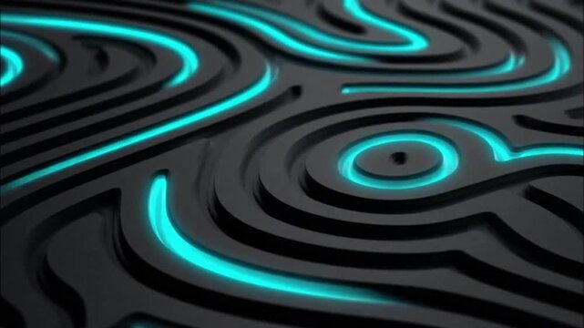 Thin luminous lines travel through embossed whorl grooves in an original seamless futuristic abstract background.