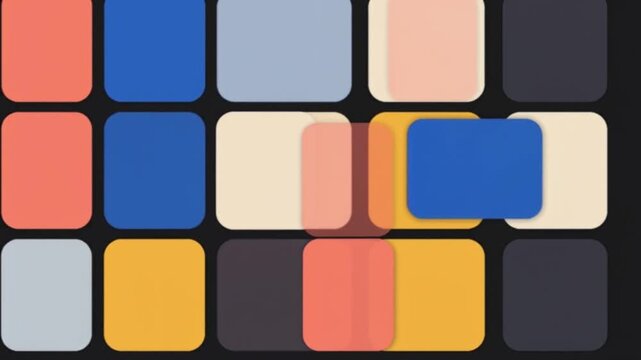 Colorful rounded rectangles slide through a modular layout in a clean seamless kinetic graphic background.