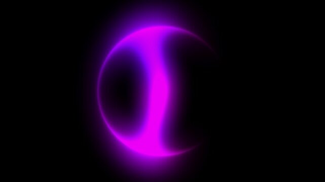 Abstract glowing neon sphere with pink, magenta and purple light waves rotating on a black background, digital art motion design element