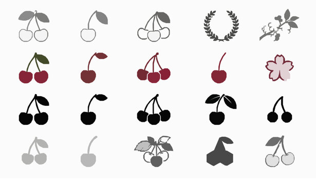Cherry fruit vector symbol set with line, solid, and colored style wreath, blossom, and flourish decorative elements