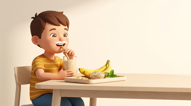 Cute 3D cartoon boy with white milk mustache drinking fresh banana smoothie through straw at wooden table stock illustration&mdash;featuring fresh ripe bananas, whole wheat biscuit, mint garnish, modern min
