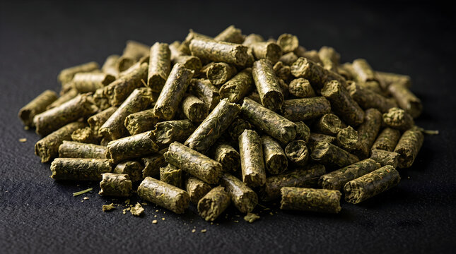 A close-up view of nutritious alfalfa pellet feed used for livestock nutrition, agriculture and animal feed.