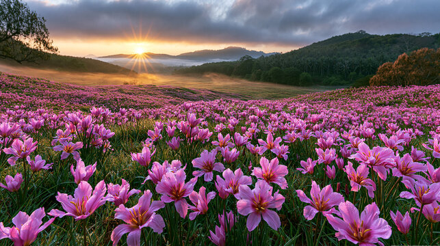 AI generator images of  field of pink flowers growing on a high mountain, amidst thick mist&mdash;fresh and beautiful.