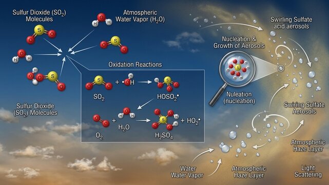 Detailed Scientific Illustration Depicting the Reactions of Sulfur Dioxide and Water Vapor Leading