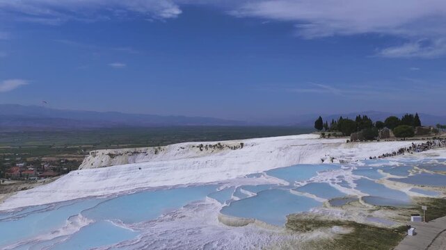 Aerial panoramic view of travertine thermal pool terraces at Pamukkale, T&uuml;rkiye