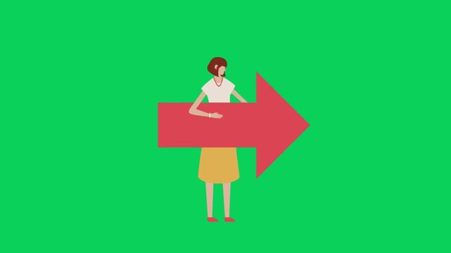 Animated woman holds and rotates a large red arrow on a green background