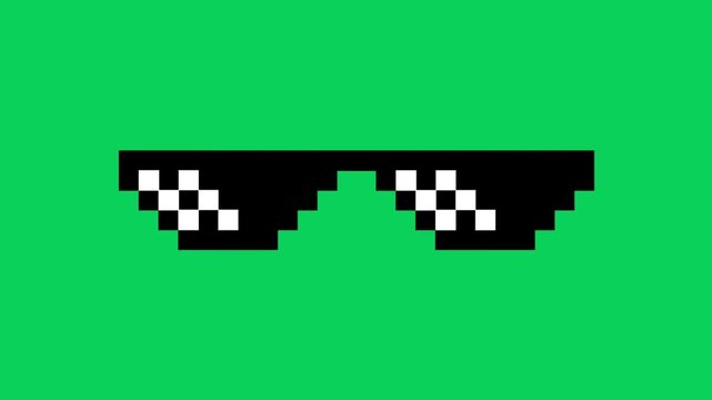 Pixelated sunglasses rotate on a vibrant green chroma key background