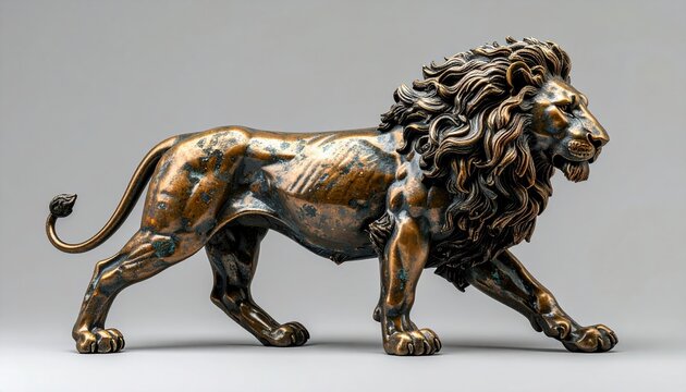 Bronze lion statue walking in side view with metallic sculptural texture