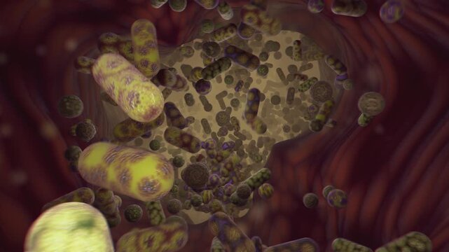 4k 3d video inside human intestine tunnel with microscopic gut microbiome bacteria and rod bacilli. Realistic medical visualization of healthy digestive tract microflora, flora, and probiotic biology