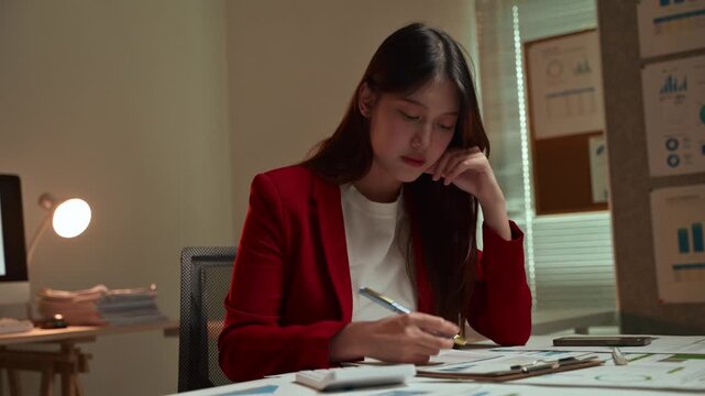 Tired young asian woman falling asleep at her desk while working late at night, feeling exhausted and sleepy from overwork while using a calculator and checking financial documents
