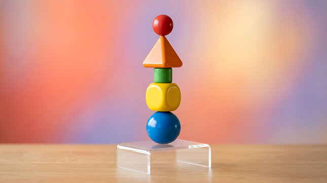 A precarious stack of colorful geometric shapes balancing on a clear acrylic stand