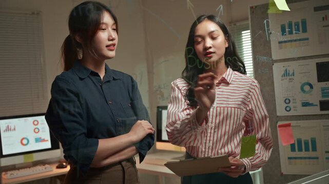 Young Asian businesswomen brainstorming and discussing company growth strategy, writing ideas and project plans on a transparent board in a modern office working late at night