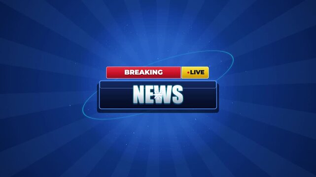 Breaking News Live television broadcast graphic intro with animated blue sunburst background