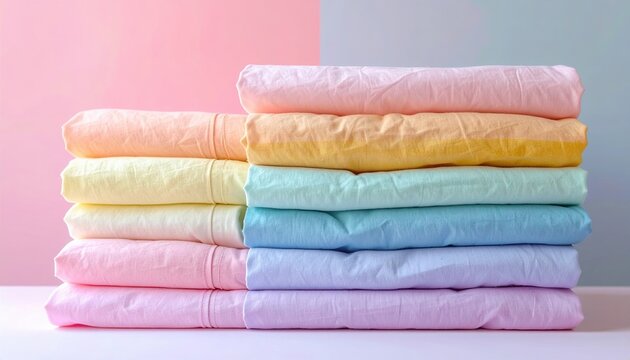 Stack of folded cotton bed sheets in soft rainbow pastel colors for bedding display